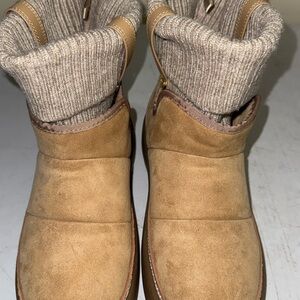 Tan Suede Ankle Boots with Knit Cuffs